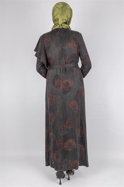 Orhan Store Qupra Kumaş Gül Desenli Kemer Detaylı Uzun Elbise Bordo OTW1752