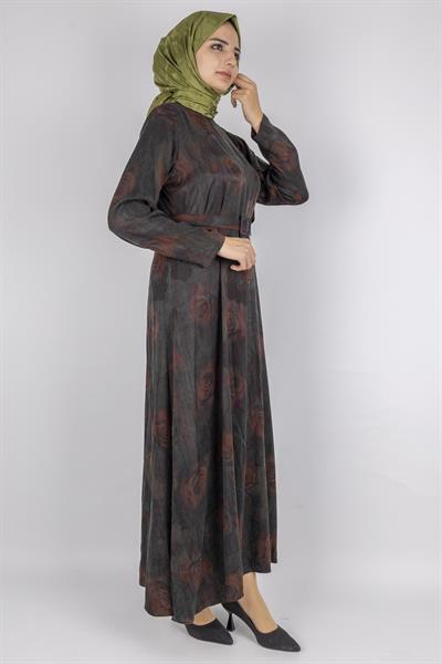 Orhan Store Qupra Kumaş Gül Desenli Kemer Detaylı Uzun Elbise Bordo OTW1752