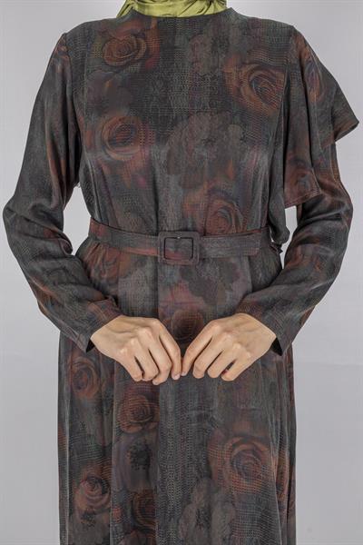 Orhan Store Qupra Kumaş Gül Desenli Kemer Detaylı Uzun Elbise Bordo OTW1752