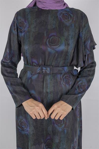 Orhan Store Qupra Kumaş Gül Desenli Kemer Detaylı Uzun Elbise Petrol OTW1752