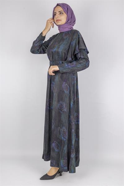 Orhan Store Qupra Kumaş Gül Desenli Kemer Detaylı Uzun Elbise Petrol OTW1752