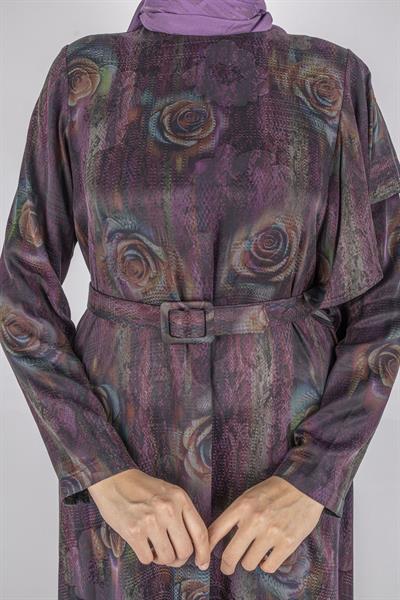 Orhan Store Qupra Kumaş Gül Desenli Kemer Detaylı Uzun Elbise Mor OTW1752