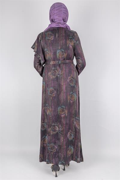 Orhan Store Qupra Kumaş Gül Desenli Kemer Detaylı Uzun Elbise Mor OTW1752