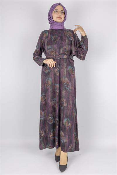 Orhan Store Qupra Kumaş Gül Desenli Kemer Detaylı Uzun Elbise Mor OTW1752