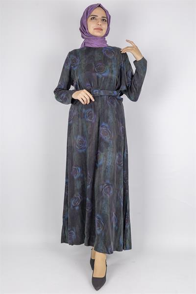 Orhan Store Qupra Kumaş Gül Desenli Kemer Detaylı Uzun Elbise Petrol OTW1752