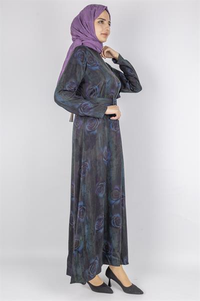 Orhan Store Qupra Kumaş Gül Desenli Kemer Detaylı Uzun Elbise Petrol OTW1752