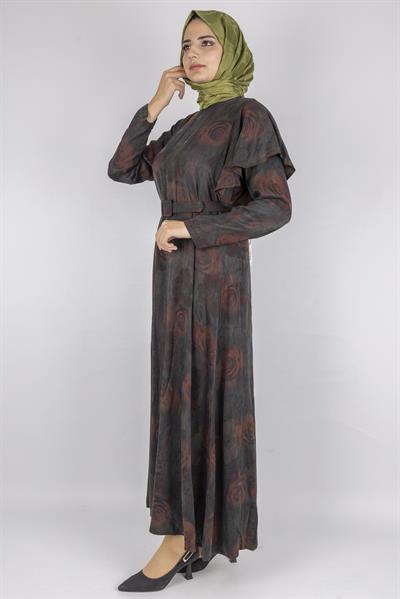 Orhan Store Qupra Kumaş Gül Desenli Kemer Detaylı Uzun Elbise Bordo OTW1752