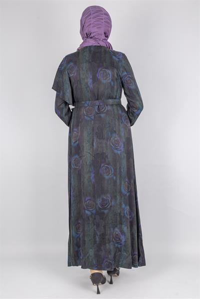 Orhan Store Qupra Kumaş Gül Desenli Kemer Detaylı Uzun Elbise Petrol OTW1752