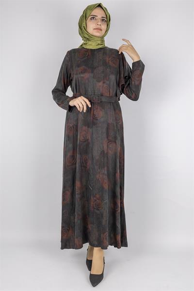 Orhan Store Qupra Kumaş Gül Desenli Kemer Detaylı Uzun Elbise Bordo OTW1752