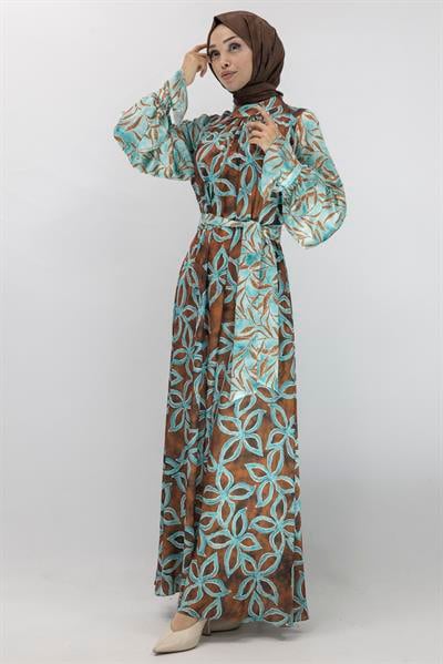 Orhan Store Saten Elbise Kahve-Yeşil OTW1708