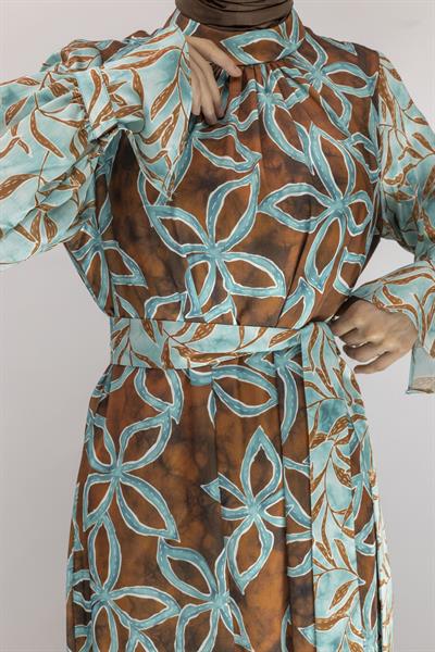 Orhan Store Saten Elbise Kahve-Yeşil OTW1708