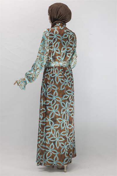 Orhan Store Saten Elbise Kahve-Yeşil OTW1708