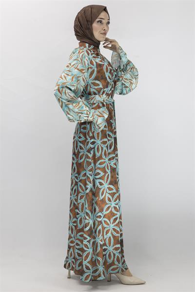 Orhan Store Saten Elbise Kahve-Yeşil OTW1708
