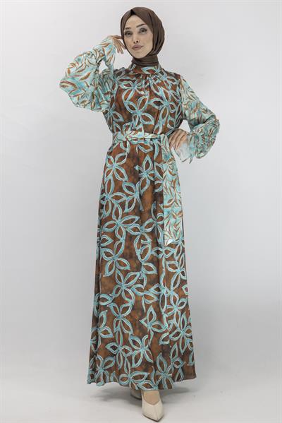 Orhan Store Saten Elbise Kahve-Yeşil OTW1708