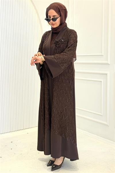Orhan Store Şifon Detaylı Abaya Takım Tesettür Kahve OTW2862