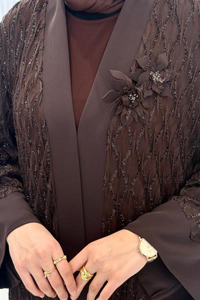 Orhan Store Şifon Detaylı Abaya Takım Tesettür Kahve OTW2862