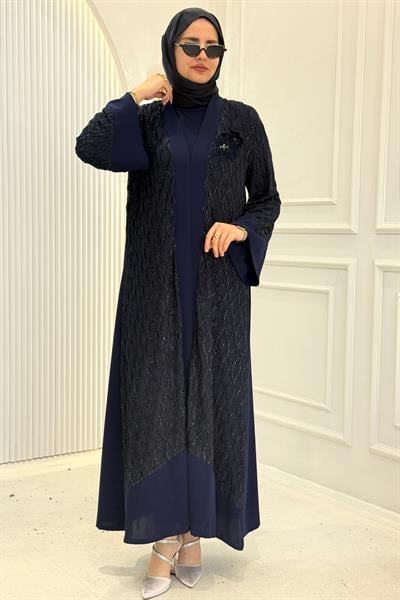 Orhan Store Şifon Detaylı Abaya Takım Tesettür Lacivert OTW2862