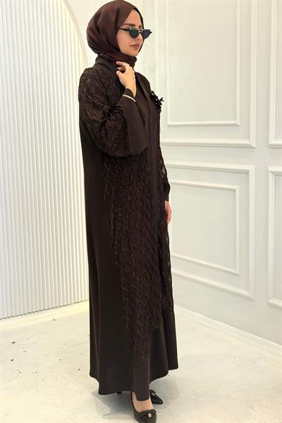 Orhan Store Şifon Detaylı Abaya Takım Tesettür Kahve OTW2862