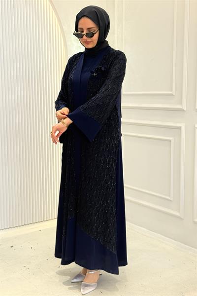 Orhan Store Şifon Detaylı Abaya Takım Tesettür Lacivert OTW2862