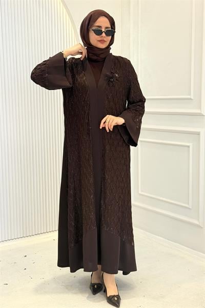 Orhan Store Şifon Detaylı Abaya Takım Tesettür Kahve OTW2862