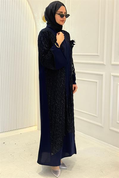 Orhan Store Şifon Detaylı Abaya Takım Tesettür Lacivert OTW2862