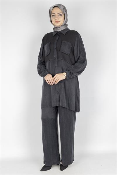 Orhan Store Şık İpek Qupra Pantolonlu Takım Siyah OTW2645