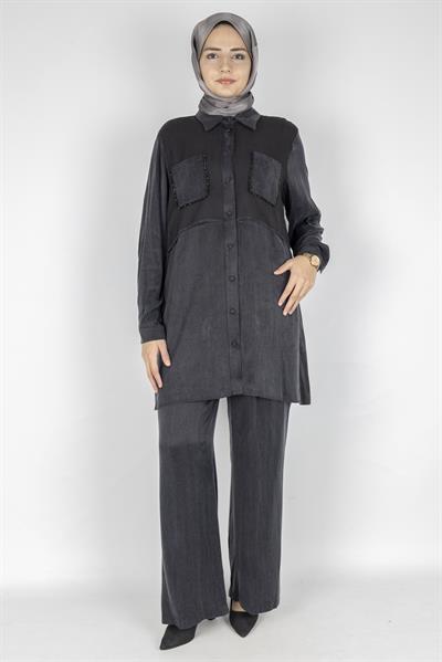 Orhan Store Şık İpek Qupra Pantolonlu Takım Siyah OTW2645