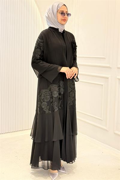 Orhan Store Siyah İşlemeli Şifon Abaya Takım Siyah OTW1990