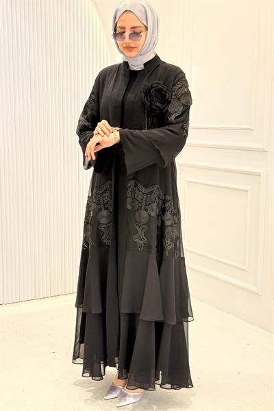 Orhan Store Siyah İşlemeli Şifon Abaya Takım Siyah OTW1990