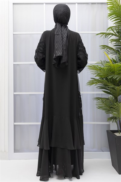 Orhan Store Siyah İşlemeli Şifon Abaya Takım Siyah OTW1990
