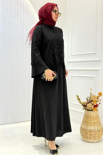 Orhan Store Siyah Küpürlü Tesettür Abiye Elbise Siyah OTW1814