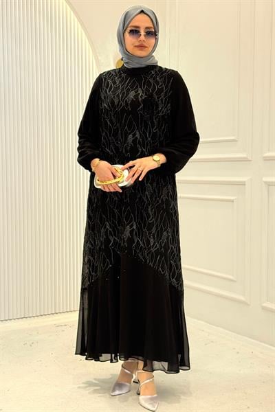 Orhan Store Siyah Nakışlı Uzun Şifon Elbise Siyah OTW1816