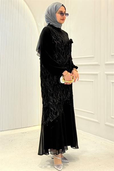 Orhan Store Siyah Nakışlı Uzun Şifon Elbise Siyah OTW1816