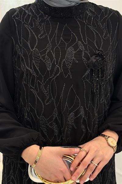 Orhan Store Siyah Nakışlı Uzun Şifon Elbise Siyah OTW1816