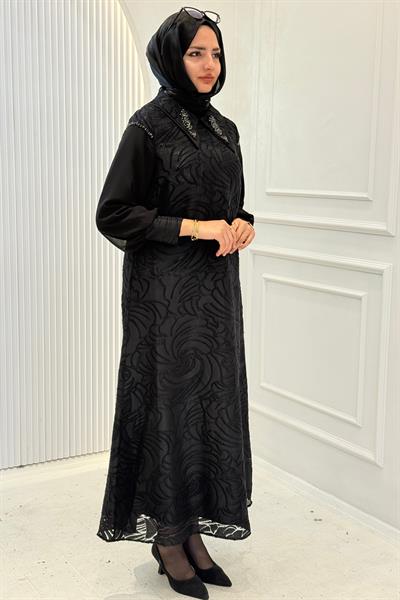 Orhan Store Taş Detaylı Jakarlı Abiye Elbise Siyah OTW1902