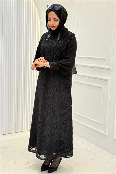 Orhan Store Taş Detaylı Jakarlı Abiye Elbise Siyah OTW1902