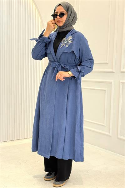 Orhan Store Taş Detaylı Kuşaklı Büyük Beden Tesettür Kap İndigo OTW1646