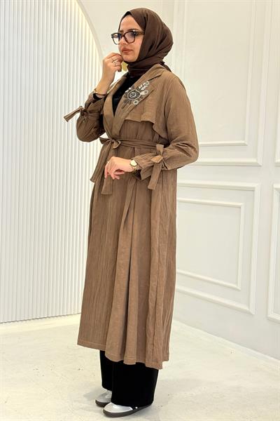 Orhan Store Taş Detaylı Kuşaklı Büyük Beden Tesettür Kap Açık Kahve OTW1646