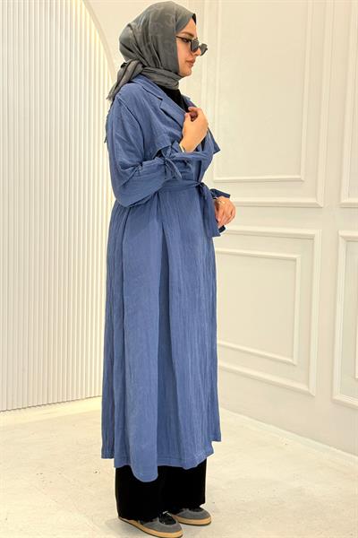 Orhan Store Taş Detaylı Kuşaklı Büyük Beden Tesettür Kap İndigo OTW1646