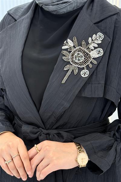 Orhan Store Taş Detaylı Kuşaklı Büyük Beden Tesettür Kap Siyah OTW1646