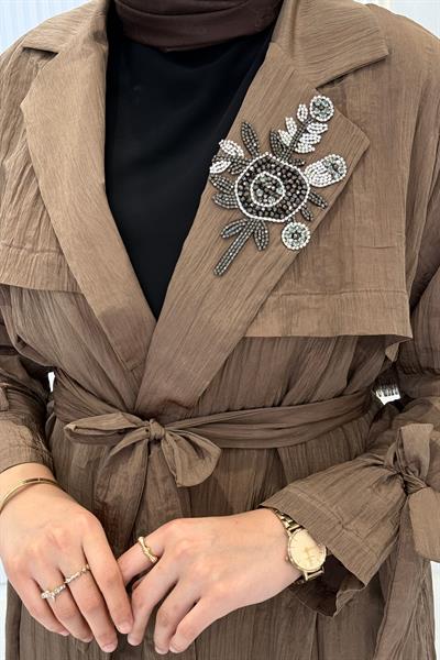 Orhan Store Taş Detaylı Kuşaklı Büyük Beden Tesettür Kap Açık Kahve OTW1646