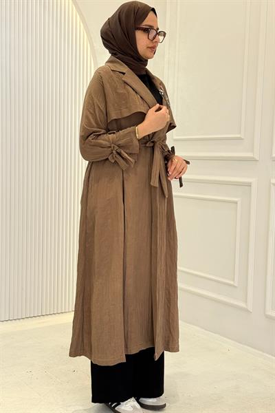 Orhan Store Taş Detaylı Kuşaklı Büyük Beden Tesettür Kap Açık Kahve OTW1646