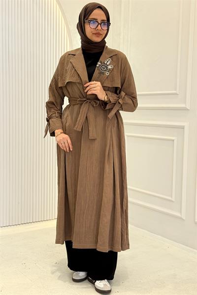 Orhan Store Taş Detaylı Kuşaklı Büyük Beden Tesettür Kap Açık Kahve OTW1646