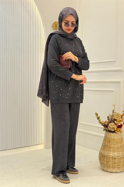 Orhan Store Taş Detaylı Tesettür Takım Siyah OTW2701
