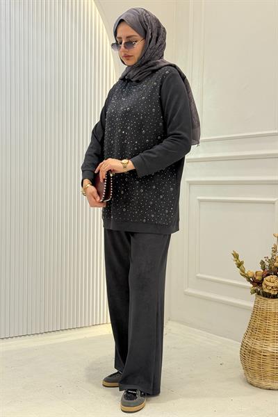 Orhan Store Taş Detaylı Tesettür Takım Siyah OTW2701