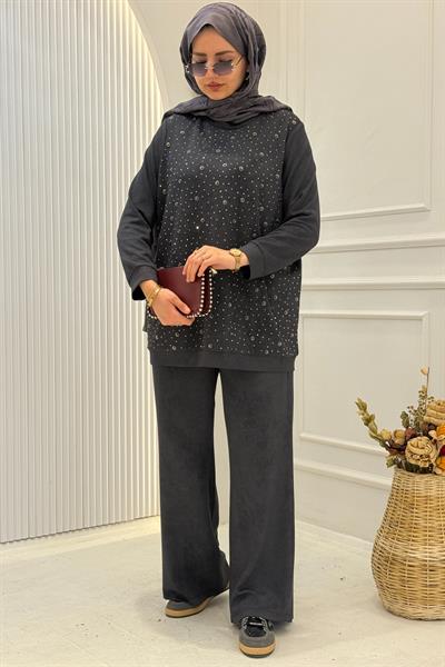Orhan Store Taş Detaylı Tesettür Takım Siyah OTW2701