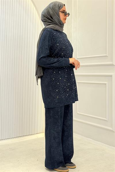 Orhan Store Taş Detaylı Tesettür Takım İndigo OTW2701