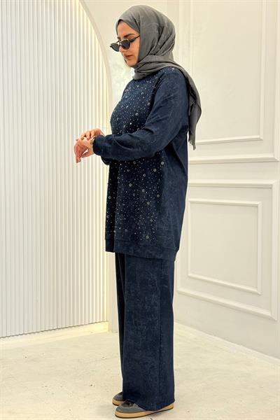 Orhan Store Taş Detaylı Tesettür Takım İndigo OTW2701