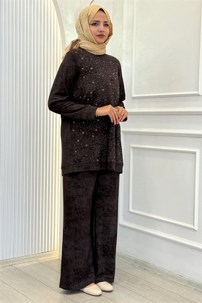 Orhan Store Taş Detaylı Tesettür Takım Kahve OTW2701