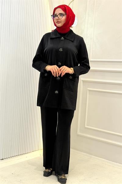 Orhan Store Taş Düğme Detaylı Pantolonlu Takım Siyah OTW2898